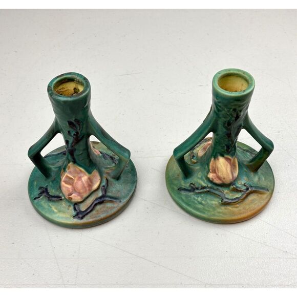 Antique Roseville Art Pottery 1157 Magnolia Pattern Candle Stick Holder Pair EW2 - Picture 4 of 8